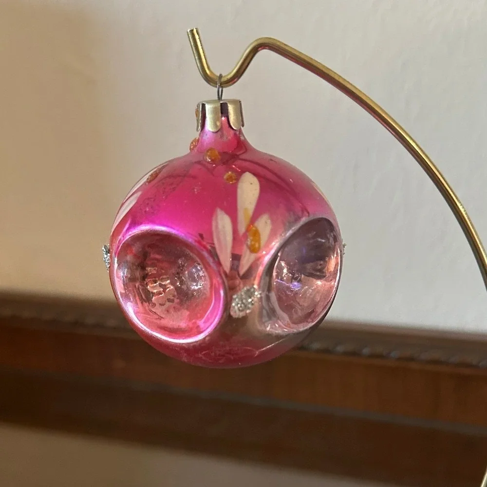 Vtg USSR Pink Mercury Glass Christmas Ornament Quadruple Indent 2'' GLOWS